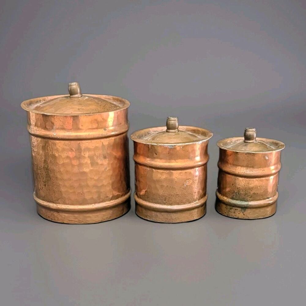 3 Piece Copper Canister Set Antique Tin Lined French Country Handmade Hammered